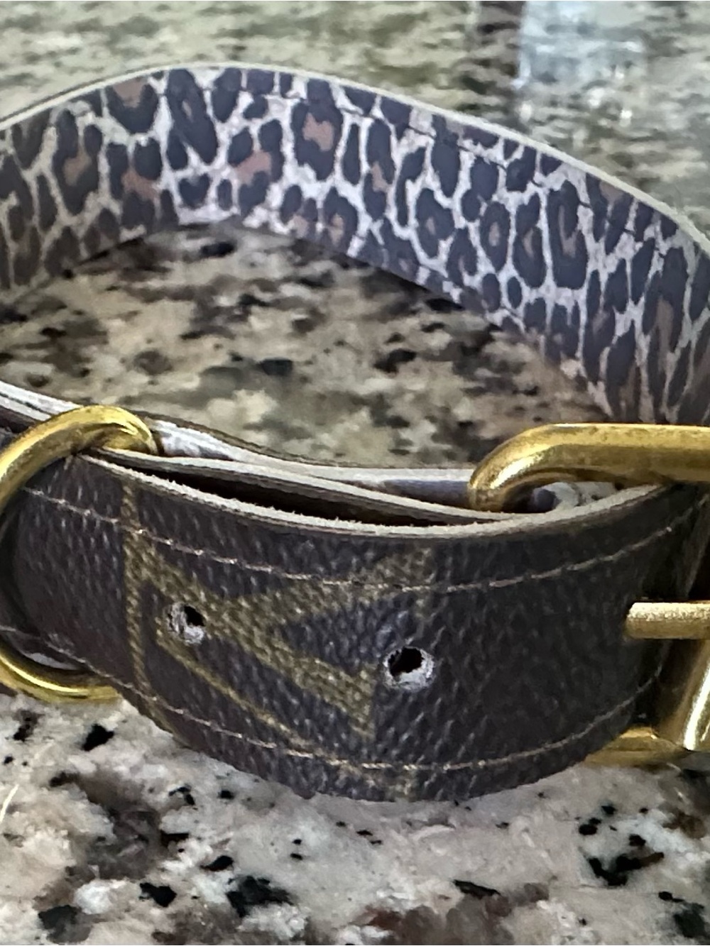 Recycled Louis Vuitton Leather Collar w/Leopard-Print Interior & Gold Hardware